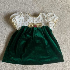 5/20🔴 Green Velvet NWOT Dress Sz 24 M  Girl With White &  Golden Dots with Bow